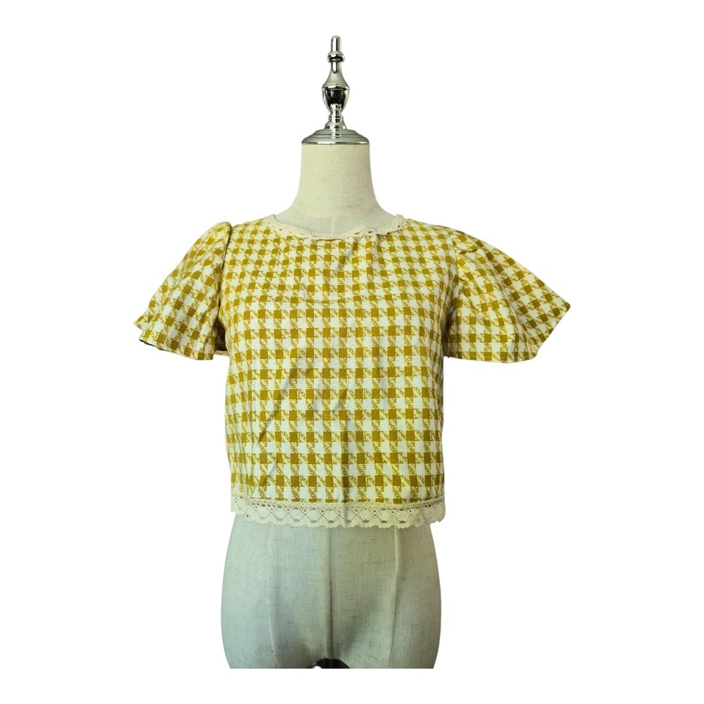 Handmade One Of A Kind Cottagecore Houndstooth Crop‎ Top Small Puff Sleeve Boho
